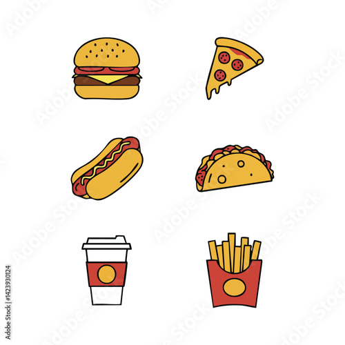Fast food icons set burger pizza hotdog taco coffee and fries vector illustration