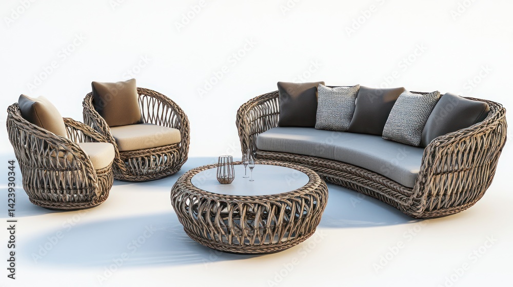 Fototapeta premium Elegant Rattan Outdoor Furniture Set: Luxury Curved Sofa, Armchairs, and Coffee Table