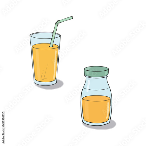 Illustration of orange juice in glass and bottle healthy drink for breakfast