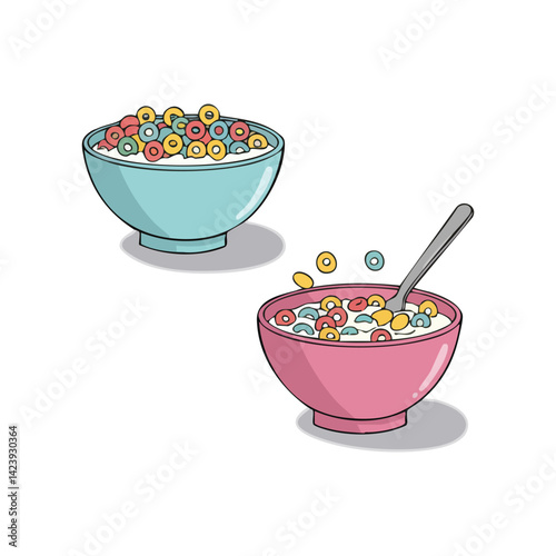 Cartoon cereal bowls illustration with colorful rings breakfast food concept