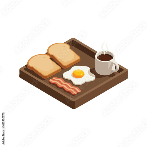 Isometric breakfast tray with toast bacon egg and coffee vector illustration
