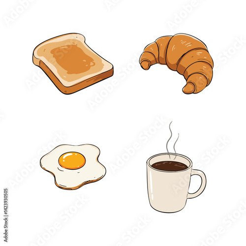 Breakfast illustration: toast, croissant, fried egg, and steaming coffee mug art