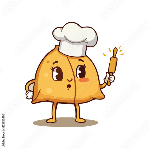 Cute samosa cartoon character chef with rolling pin for food illustration design