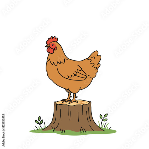 Chicken roosting on a tree stump in a rustic farm setting, depicting natural animal behavior
