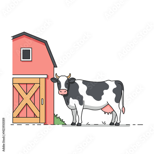 Cow standing by a barn door in a peaceful rural scene, symbolizing farm life and tranquility