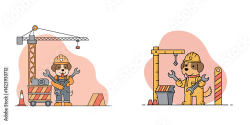 Dog in a construction site with tools: Playful pet in a work environment