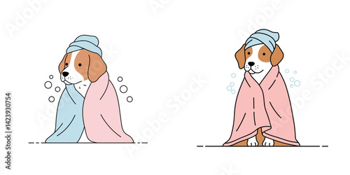 Dog wrapped in a towel after a bath: Adorable pet care moment with fluffy canine