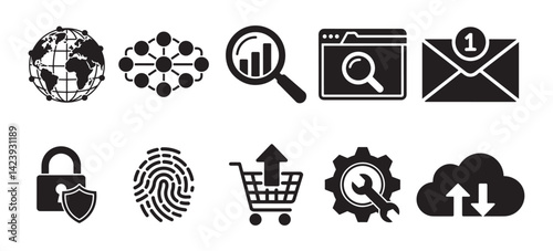 Set of black technology and internet icons on white background, including global network, cloud sync, data search, email alert, security, finger print, shopping cart, and tools.
