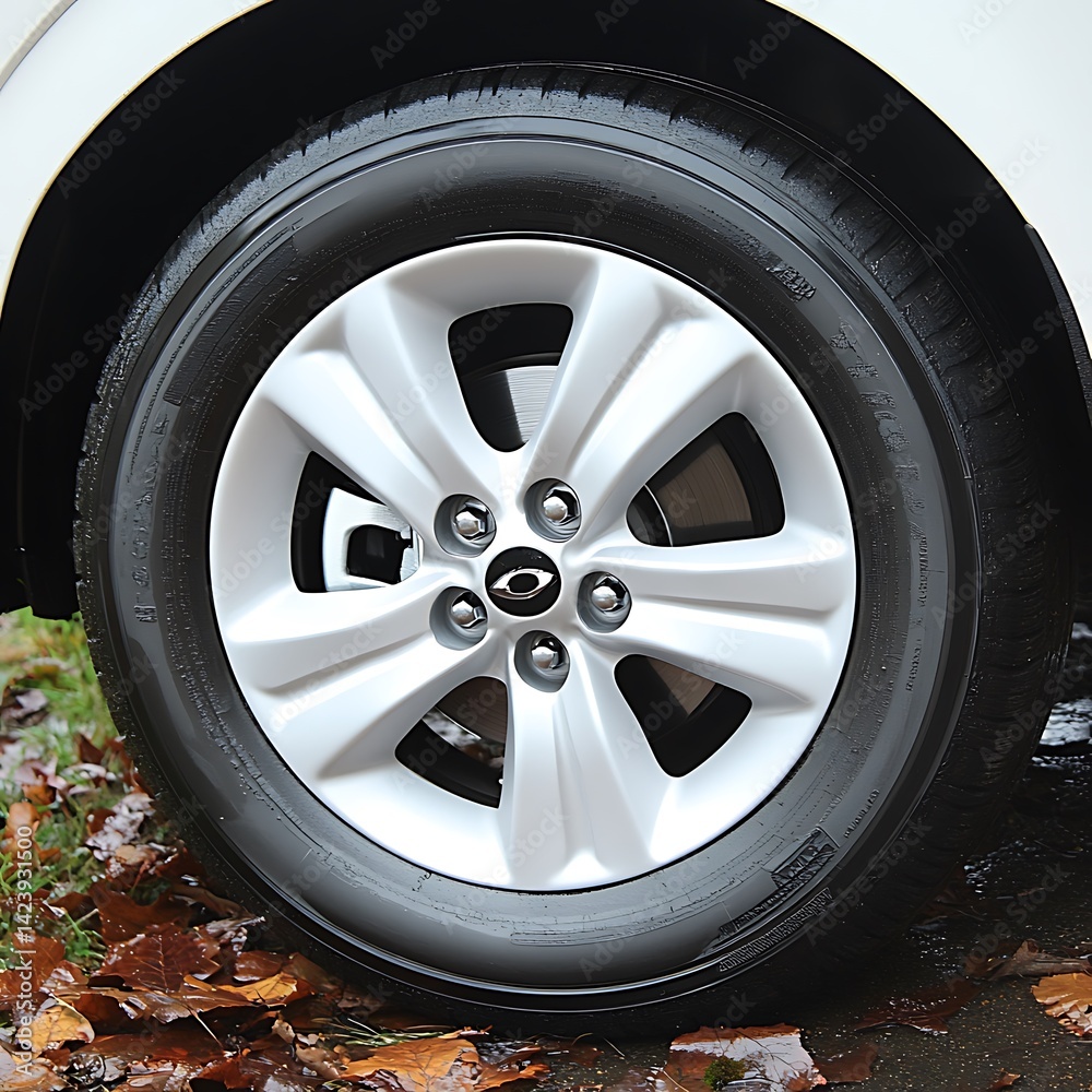 Fototapeta premium The close up picture features an automobile wheel and tire detail