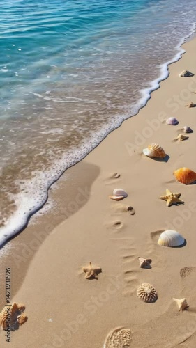 Gentle turquoise waves washing onto sandy beach scattered with seashells and starfish in the sunlight