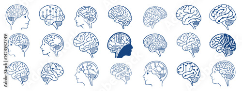 brain circuits icon set, illustration of brains in vector, black and white shapes of brain in vector ,Brain circuits
