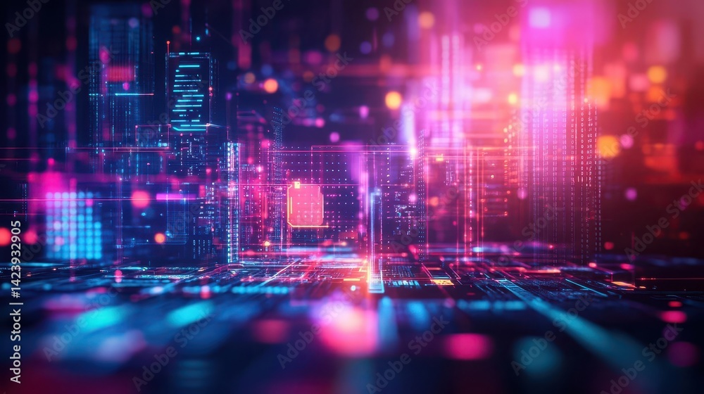 Naklejka premium Vibrant Nighttime Cityscape Illuminated by Colorful Neon Lights and Towering Buildings Creating a Dynamic Urban Atmosphere Full of Energy and Life