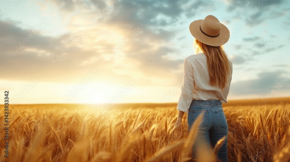 A captivating scene features a woman standing in a wheat field, observing the vibrant colors of the sunset, reflecting on life's beauty and simplicity in nature.