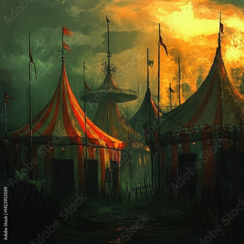 Abandoned carnival tents under a stormy sky
