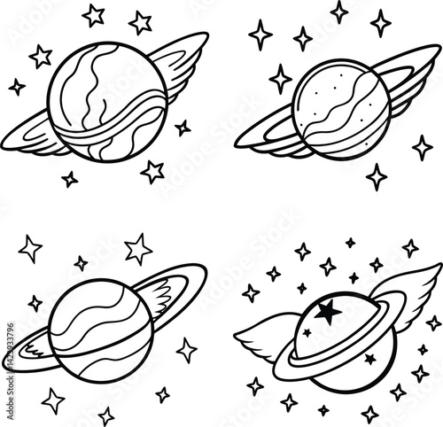 Celestial outline vector art featuring winged planets and starry accents on white background