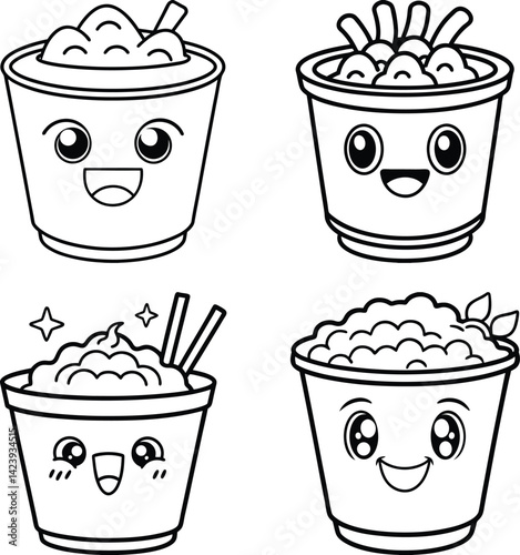 Cute cartoon buckets with different food fillings outline vector set