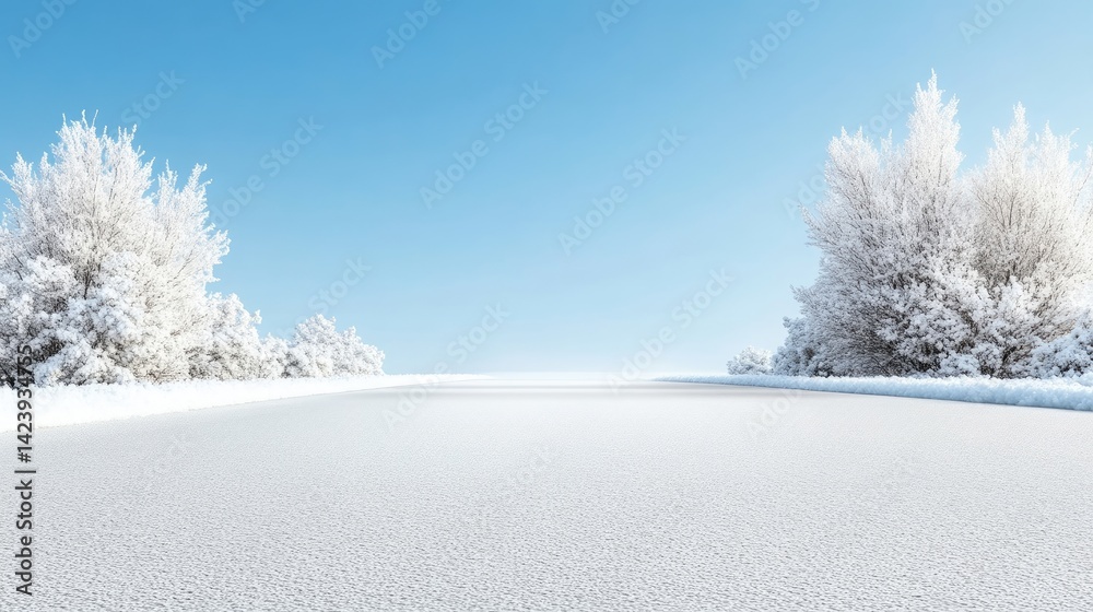 Obraz premium A serene winter landscape featuring snow-covered ground and frosted trees under a clear blue sky.