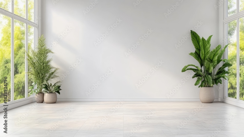 Bright, modern room with plants and large windows Bright, modern room with plants and large windows