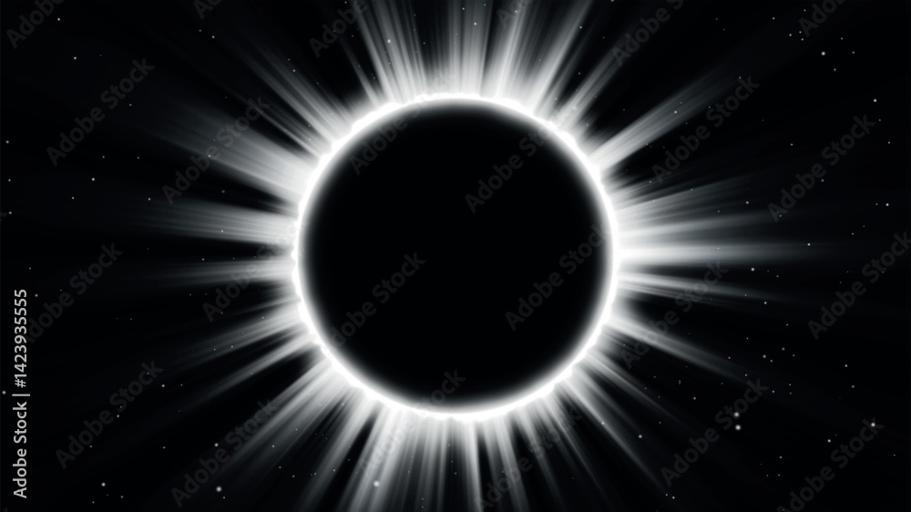 Abstract fantasy background. Amazing scientific natural phenomenon. Total solar eclipse with bright ring effect glowing with rays. Solar corona is visible. Vector illustration.