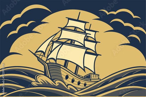 Majestic Three Masted Sailing Ship in Stormy Seas Dramatic Night Voyage