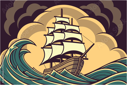 Majestic Three Masted Sailing Ship in Stormy Seas Dramatic Night Voyage