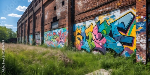 Overgrown grass bordering weathered brick structure adorned with vibrant street art
