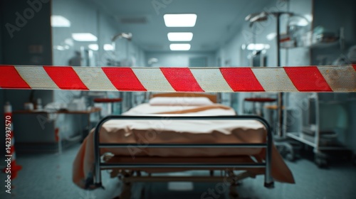 Bankrupt healthcare. Empty hospital room with a bed and caution tape across the entrance.