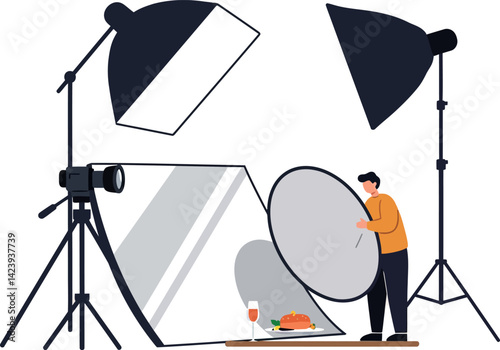 Photography studio setup with lighting equipment and food subject illustration vector 