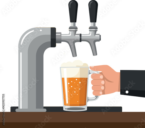 Beer tap pouring amber beer into glass mug with foam vector illustration 