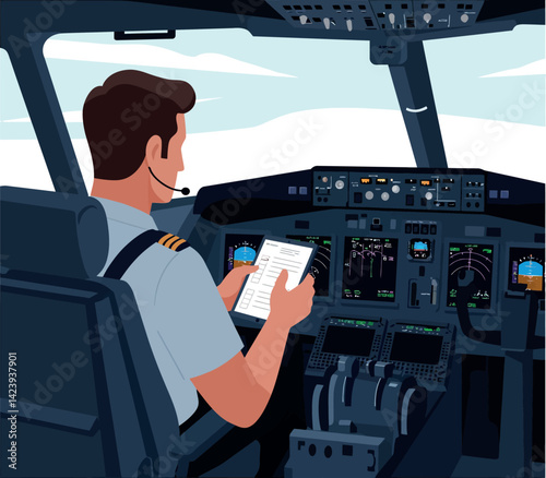 Pilot reading checklist in airplane cockpit with instrument panels vector illustration 