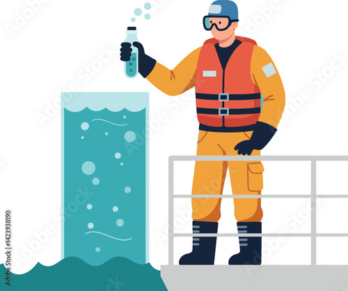 Scientist in orange protective suit holding test tube near water sample vector illustration 