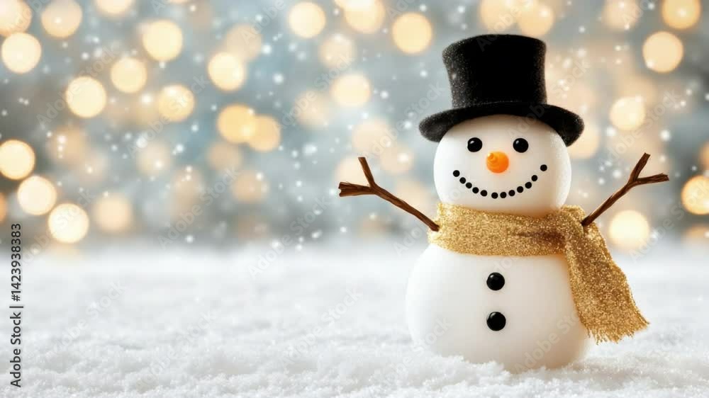 Cheerful Snowman with Top Hat and Scarf in Snowy Winter Scene with Bokeh Background Cheerful Snowman with Top Hat and Scarf in Snowy Winter Scene with Bokeh Background