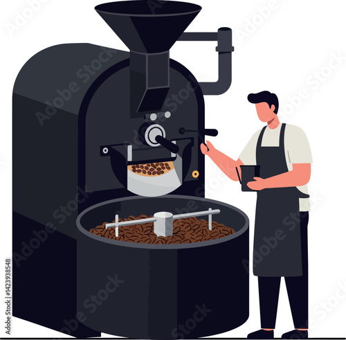 Coffee roaster machine with man roasting fresh coffee beans vector illustration 