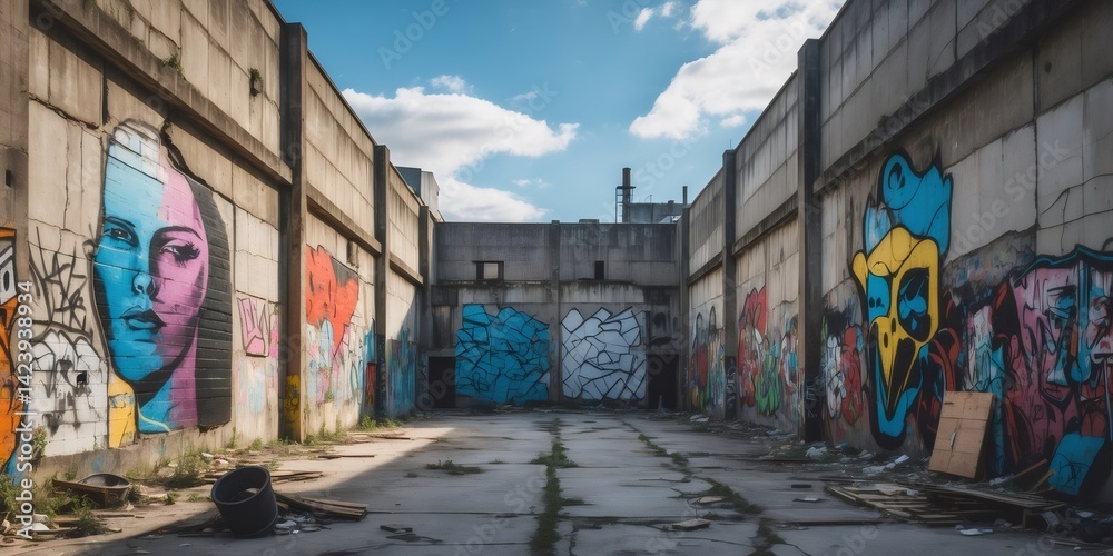 Fototapeta premium Urban decay with graffiti art on cracked concrete walls in a deserted industrial area