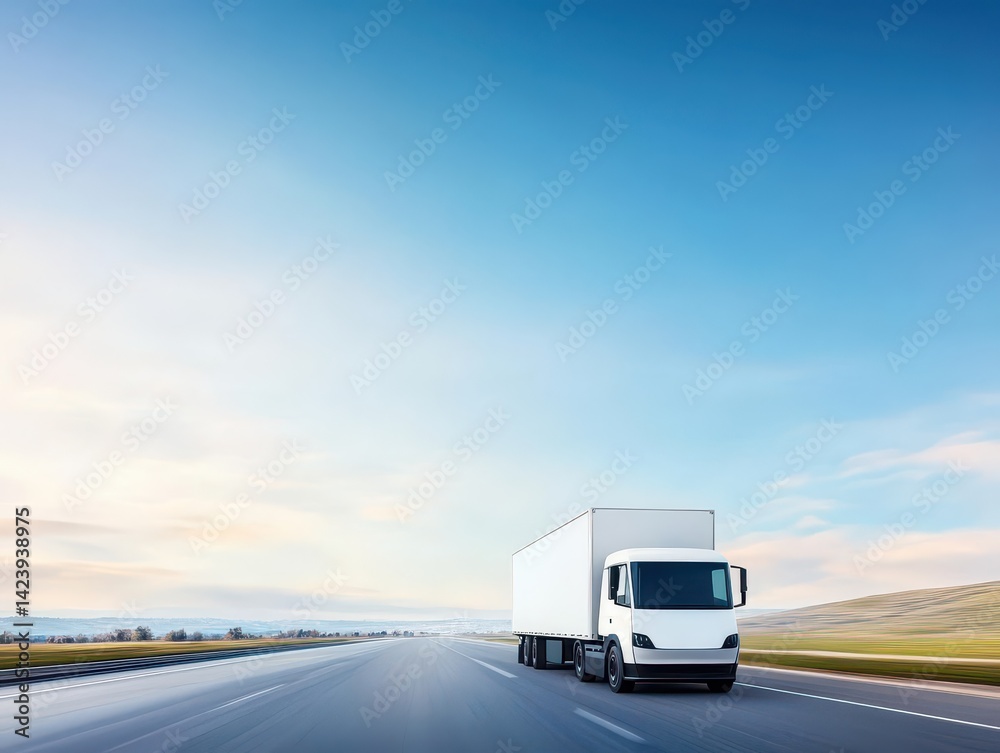 A White Truck Traveling on an Open Highway Surrounded by Lush Green Trees and Clear Blue Sky Evoking a Sense of Freedom and Adventure on the Road A White Truck Traveling on an Open Highway Surrounded by Lush Green Trees and Clear Blue Sky Evoking a Sense of Freedom and Adventure on the Road
