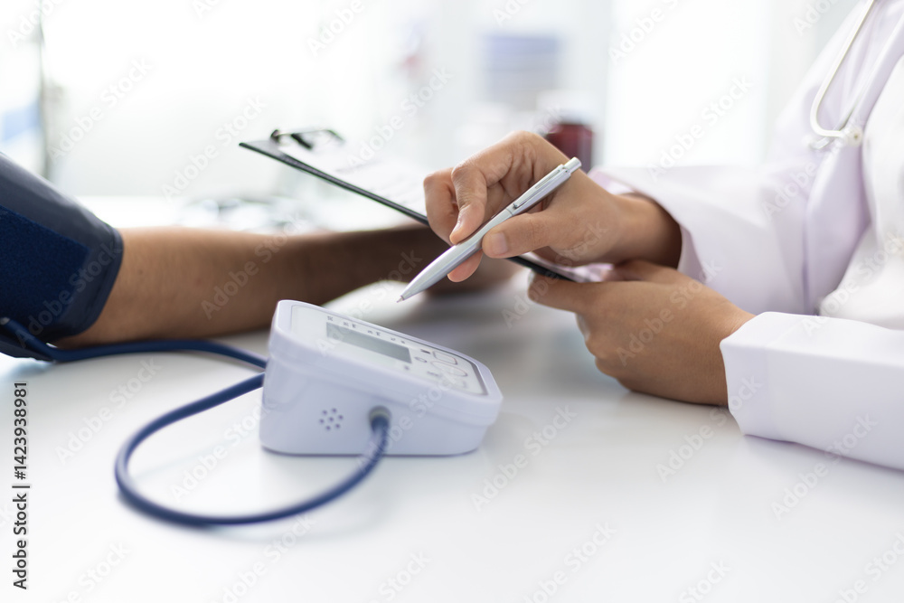 Fototapeta premium Female doctor measuring blood pressure of patient in hospital room. Doctor using sphygmomanometer checking blood pressure of patient during medical exam in clinic, healthcare and medical concept.