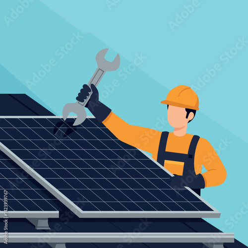 Solar panel technician repairing rooftop solar energy system with wrench vector illustration 