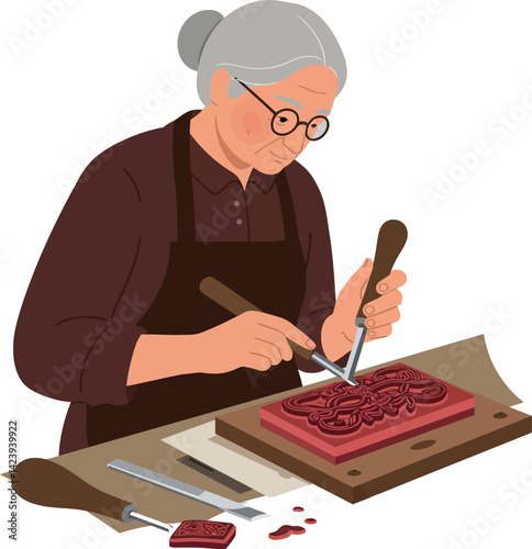 Elderly Woman Carving Wood Handcrafted Woodworking Craft Illustration Vector 