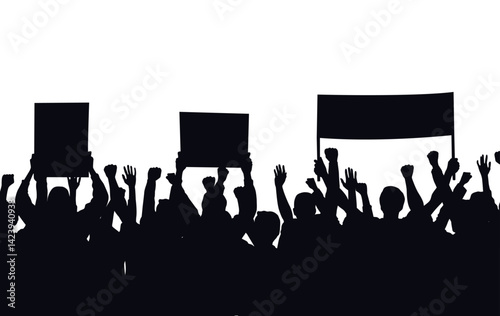 Crowd of people with hands in the air in black silhouette cheering, holding banners - protesters, demonstration, revolution, sport supporters, concert fans vector illustration