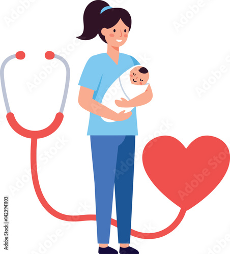 Nurse holding newborn baby with heart shaped stethoscope healthcare concept vector illustration 