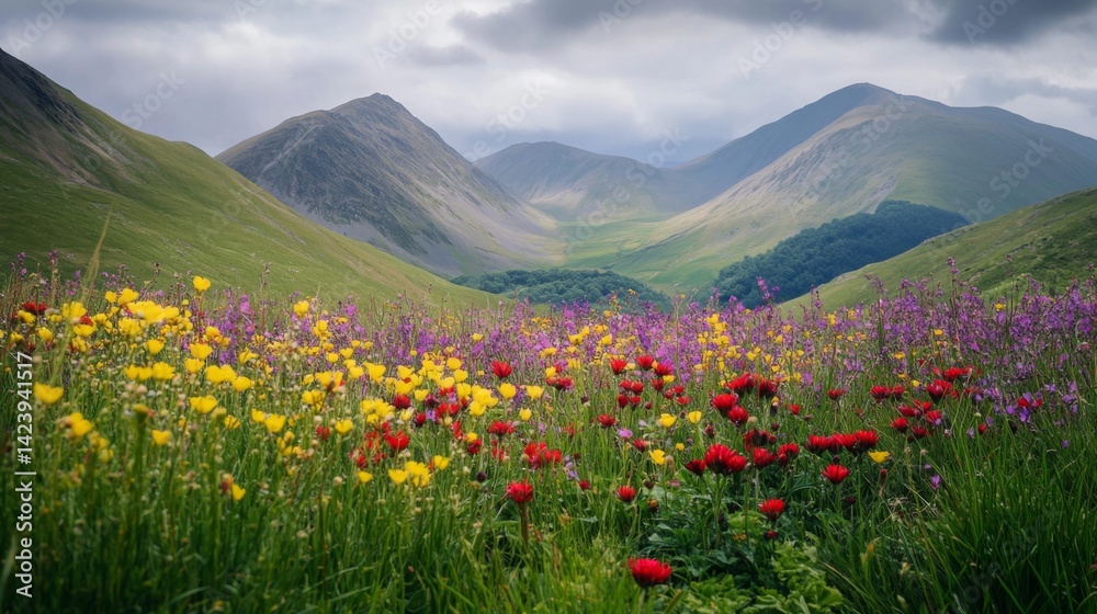 Obraz premium A vibrant landscape of wildflowers in full bloom. The lush green hills cradle the valleys below. Majestic mountains rise in the distance. Generative AI
