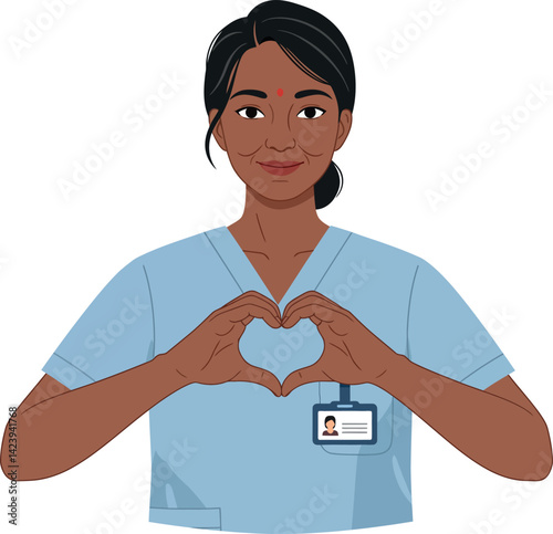 Female Nurse Making Heart Gesture Wearing Blue Scrubs and ID Badge Vector Illustration 