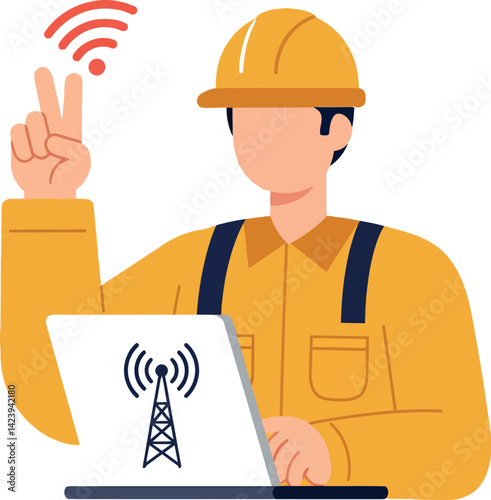 Engineer with Safety Helmet Working on Wireless Network Laptop Technology Vector Illustration