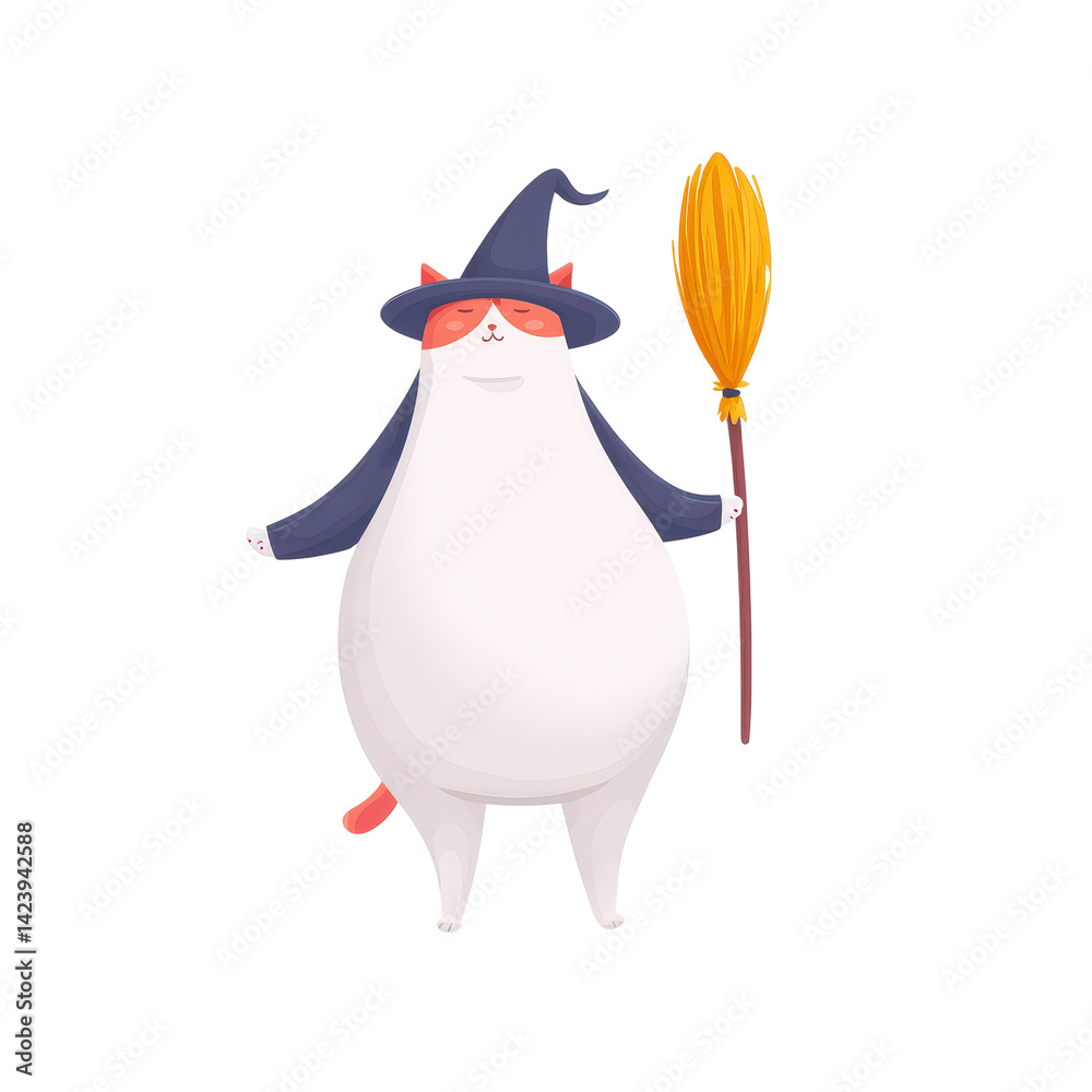 Obraz premium Cute Cat Character Wearing Wizard Hat and Holding a Broom