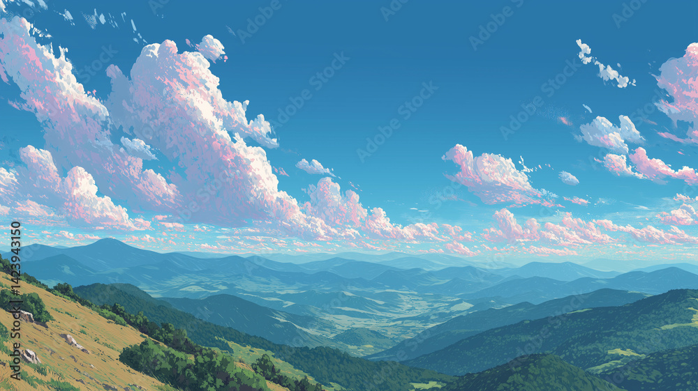 Fototapeta premium 雄大な積雲と空のグラデーションが描く夏の自然風景・山・青空・森林・空と山の境界線・風景画・遠くまで見渡す大自然
