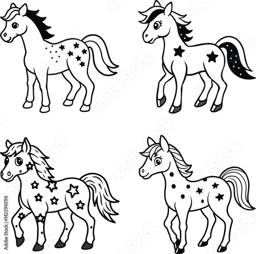 Cute horses with stars and spots vector illustration line art