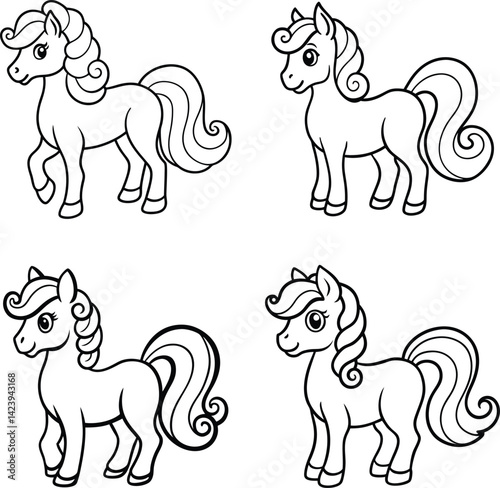 Cute cartoon horse coloring page vector illustration line art style design