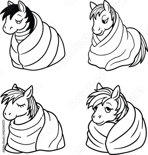 Cute cartoon horses wrapped in blankets black and white outline illustration