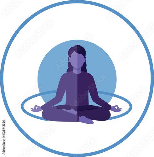 Woman Meditating in Lotus Pose with Blue Circle Background Vector Illustration 