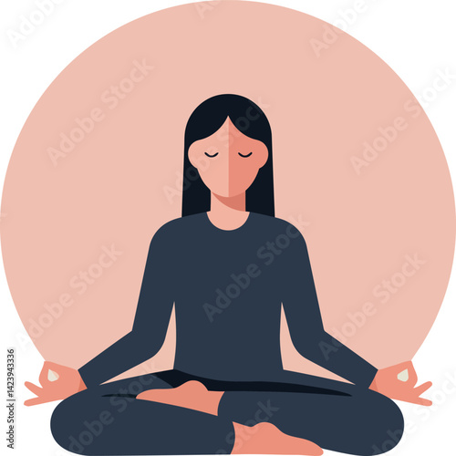 Woman meditating in lotus pose with calm expression and peach background vector illustration 